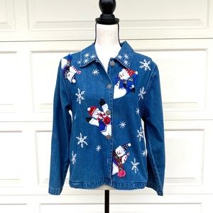 Denim snowman blouse; embroidered snowmen & snowflakes.